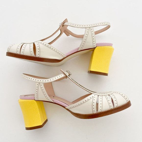 Fendi Chameleon Pumps EU 36 US 6 Cream Yellow Mary Jane Block Mid Heel Sandal - Picture 10 of 13